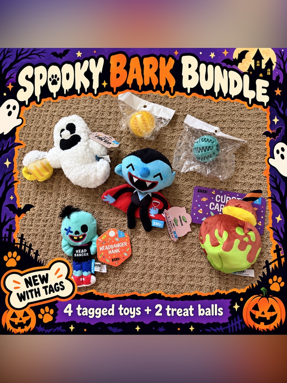 BARK Halloween Dog Toys | 4 New With Tags + 2 Treat Balls